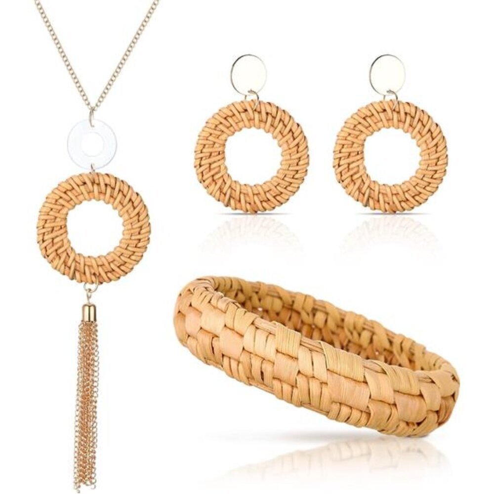 3 Pcs Rattan Necklace Earrings Bracelet Set Includes Dangle Earring Bohemian